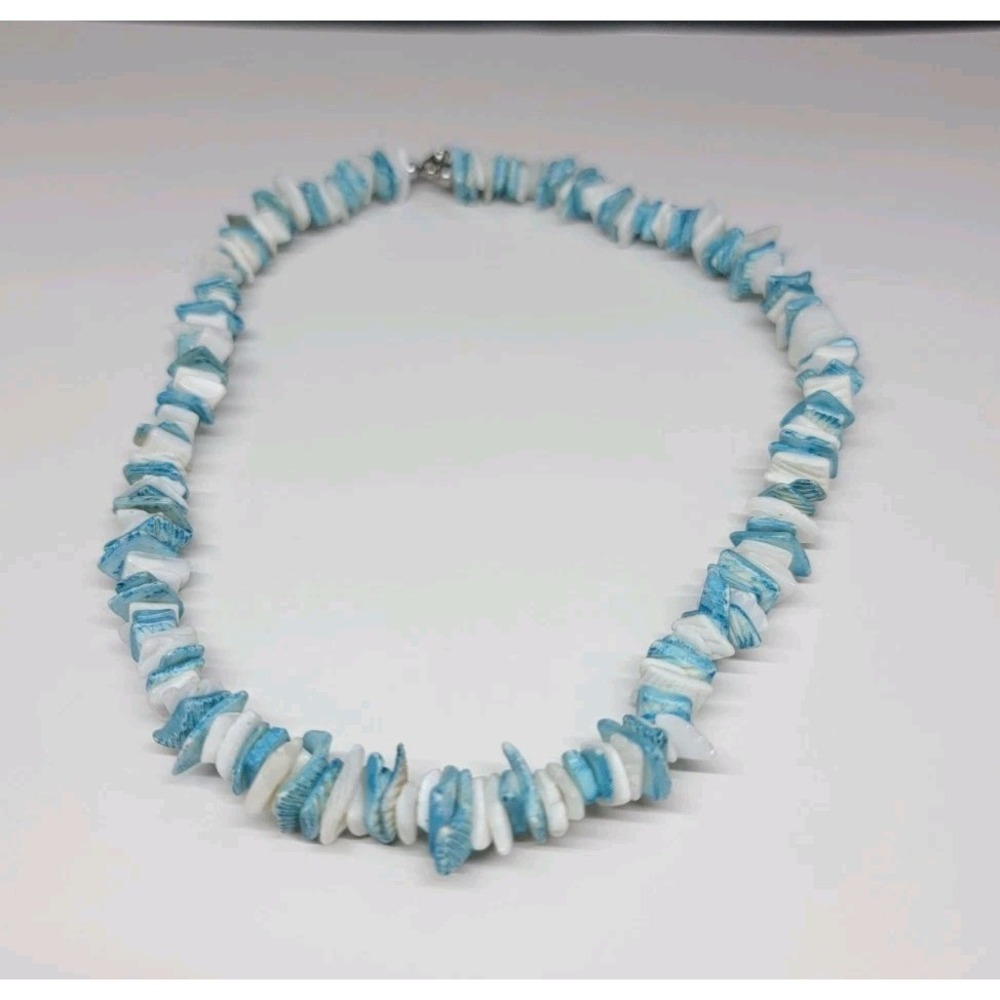Vintage Puka Shell Necklace White And Turquoise Blue Shells 16"